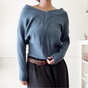 vintage blue v-neck chunky knit sweater